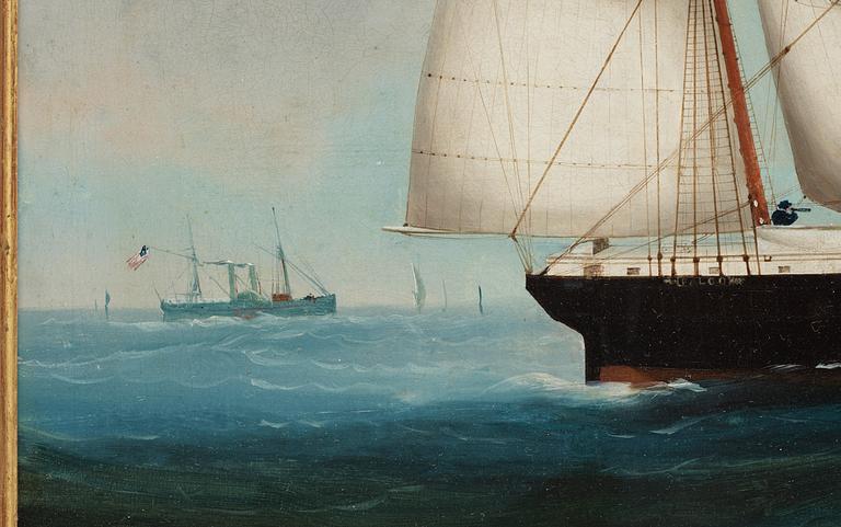 An oil painting by a Chinese artist of the ship "Falco" outside Hong Kong, Qing dynasty, circa 1865.