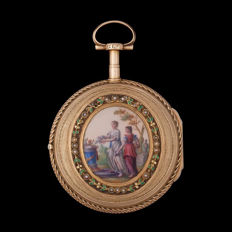Pocket watch. Antoine Melly. Gold. Enamel, oriental pearls. France, late 18th century. Total weight 137g, 54mm.