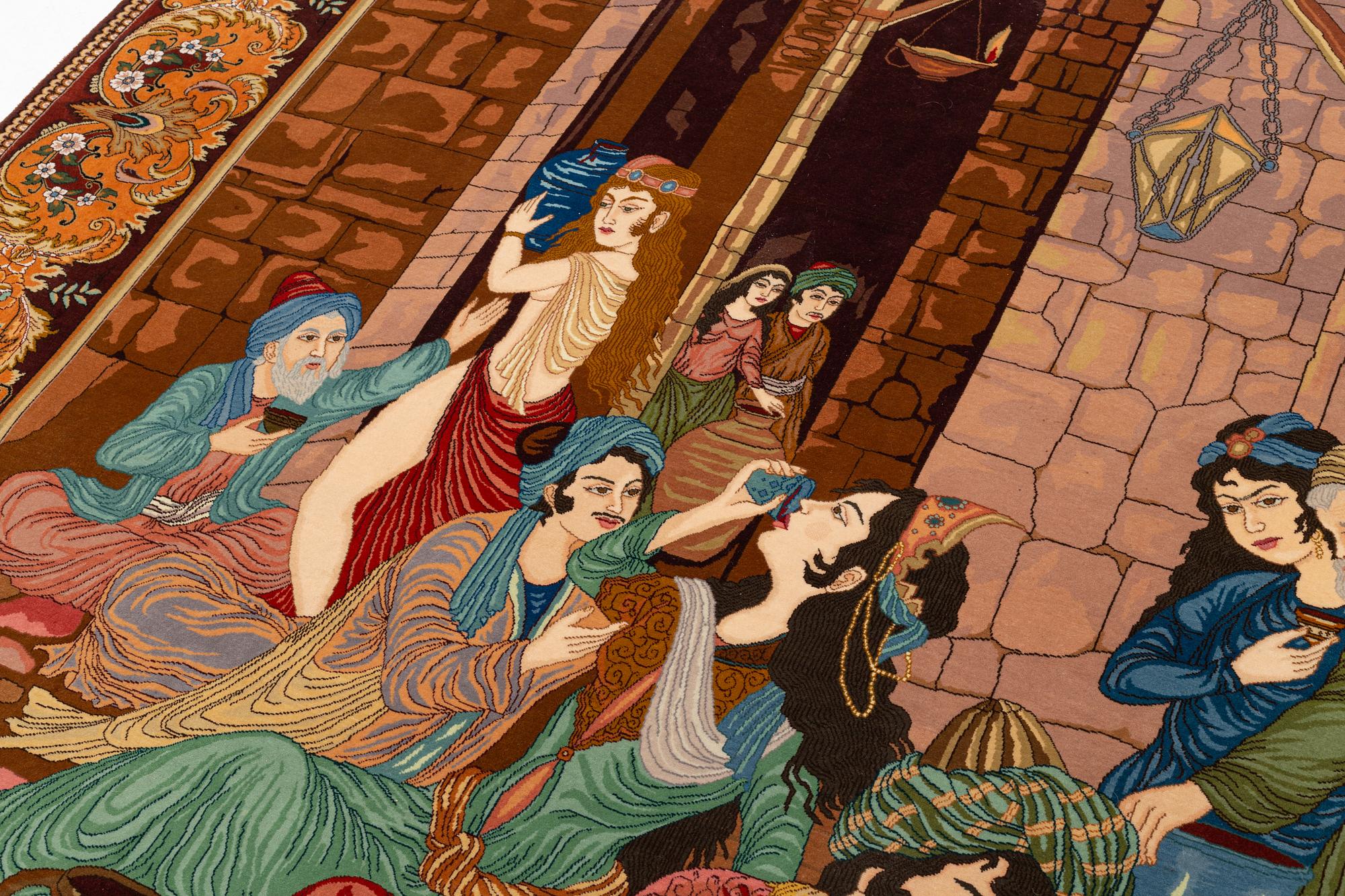 Rug, Tabriz, figural, signed, approx. 285 x 196 cm.