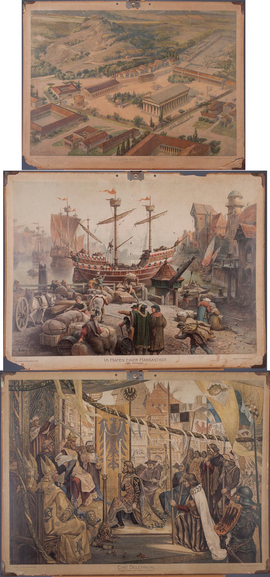 SKOLPLANSCHER, 3 st, F. E. Wachsmuth, Leipzig, 1900-talets första hälft.