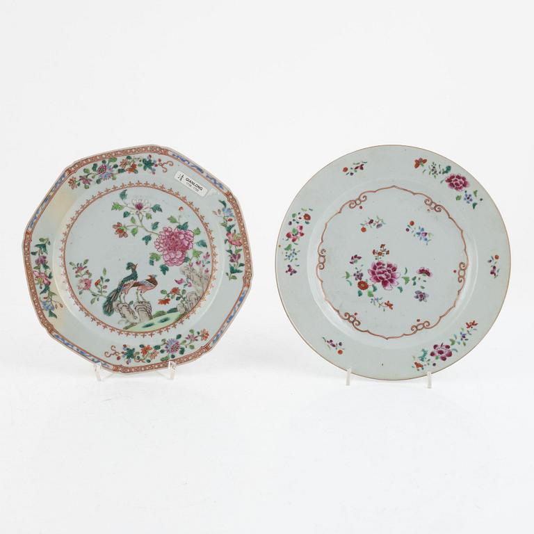 A set of five Chinese porcelain famille rose plates and one 'double peacock' plate, Qing dynasty, Qianlong (1736-95).