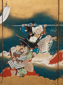 A Japanese six fold screen, Edo. Signed.