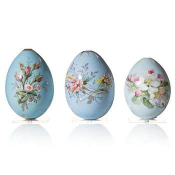 365. Three Russian porcelain Easter Eggs, circa 1890-1900, presumably Imperial Porcelain Manufactory, St Petersburg.