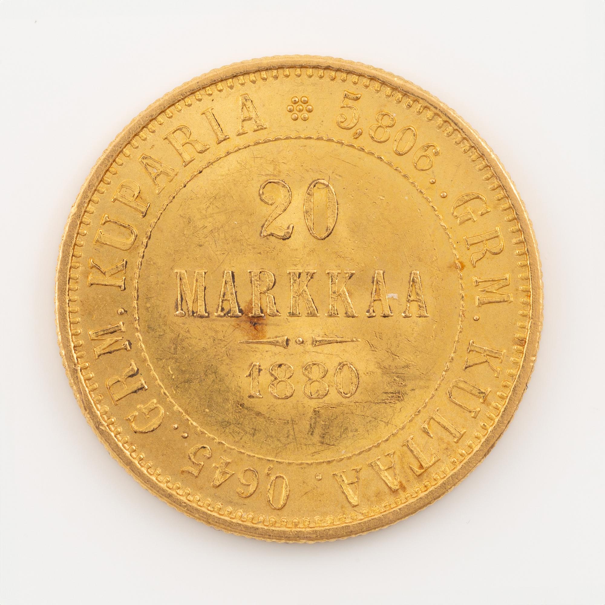 A goldcoin, Finland, Russian Duchy, 20 Markkaa 1880.