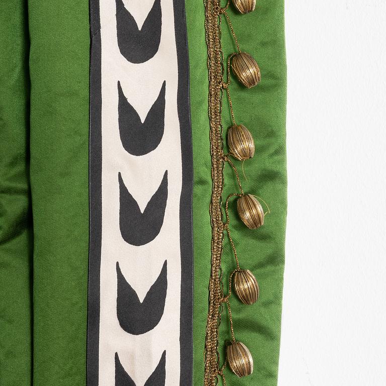 Curtains, a pair, green silk with ribbon embroidery.