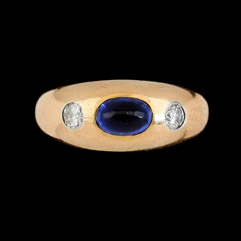 RING, 18K guld, diamanter samt blå sten, svenska stämplar. Total vikt ca4 g.