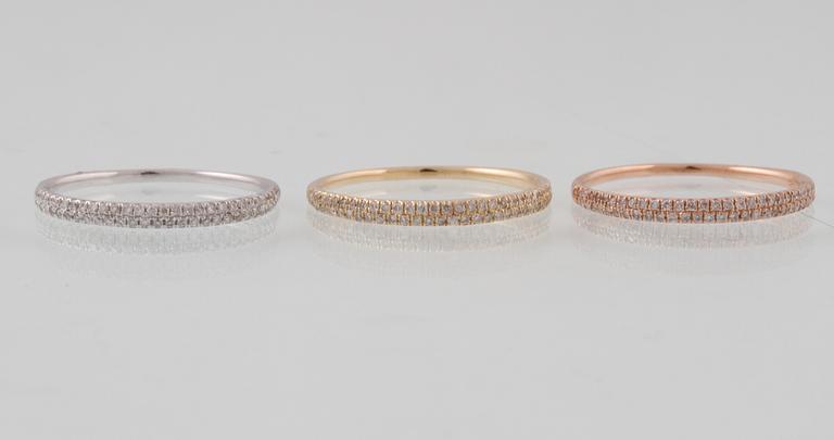 RINGAR, 3 st, 14K trefärgat guld med briljantslipade diamanter totalt ca 0.54 ct. Vikt 3,4 gram.