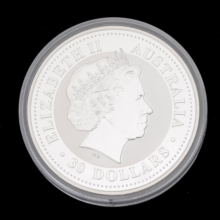 SILVERMYNT, 2004 1 kg Kookaburra-mynt, tillverkare Perth Mint, Australia, silverhalt 999.