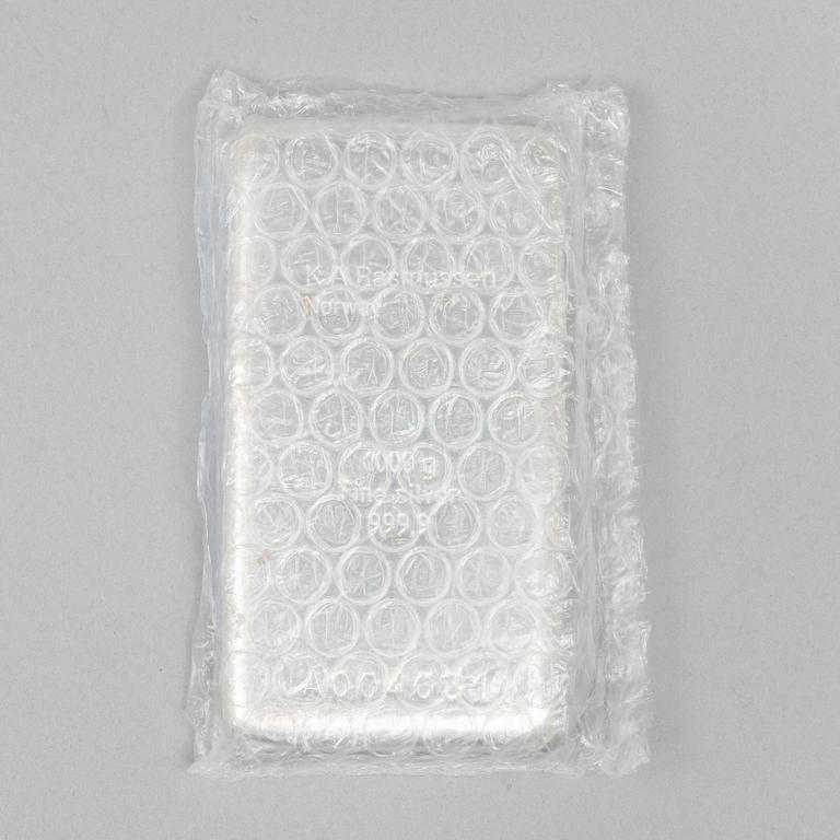 A silver bar, 1000 grams of fine silver, K.A. Rasmussen, Norway.