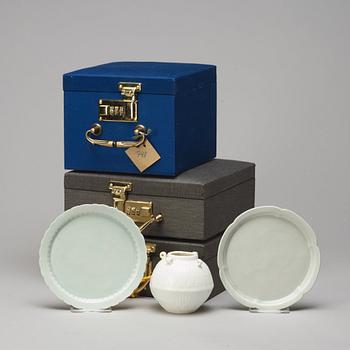 Two celadon glazed dishes and a white glazed jar, South East Asia, presumably 12th/17th Century.