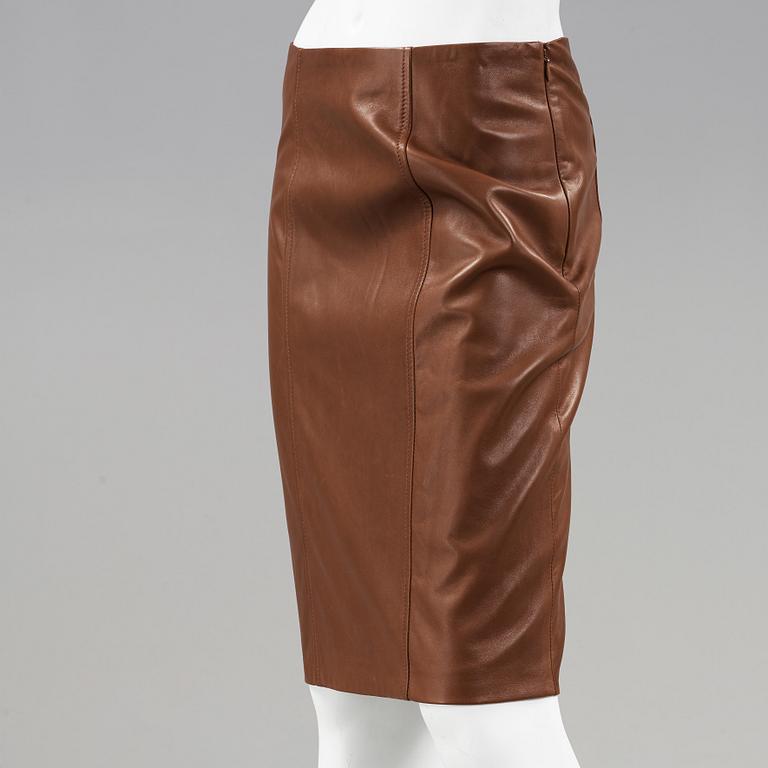 A brown lamb leather skirt by Ralph Lauren.