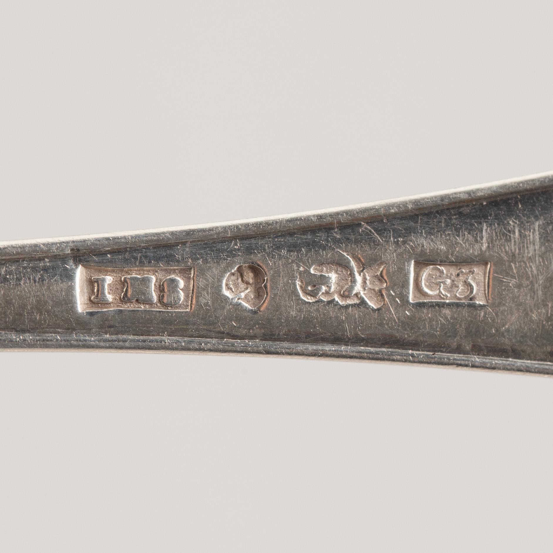 Bordskedar, 11 st, silver, mestadels av Michael Olof Barkman, Varberg, 1845.