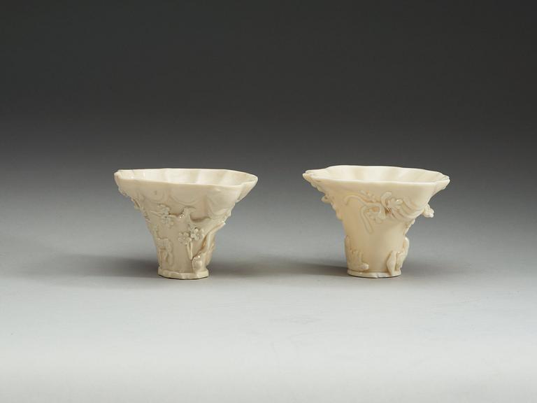 A set of two blanc de chine libation cups, Qing dynasty.