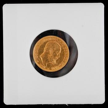 GULDMYNT, 10 kronor, Oscar II, 1901. Vikt ca 5 gram.