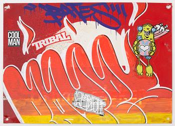 BATES, spray, marker & stickers on metallic sign, signed and dated on verso, 2014.