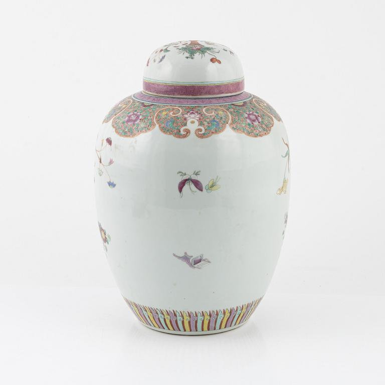 A large famille rose jar and two dishes, China, 20th Century.