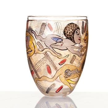 Ulrica Hydman-Vallien, a unique enamel painted glass vase, Kosta Boda, Sweden.