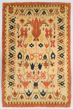 A Finnish folkart ryijy-rug dated 1825-1952. Circa 195 x 130 cm.