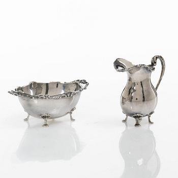 Cream jug, sugar bowl, and tray, silver, Rococo style, 20th century.