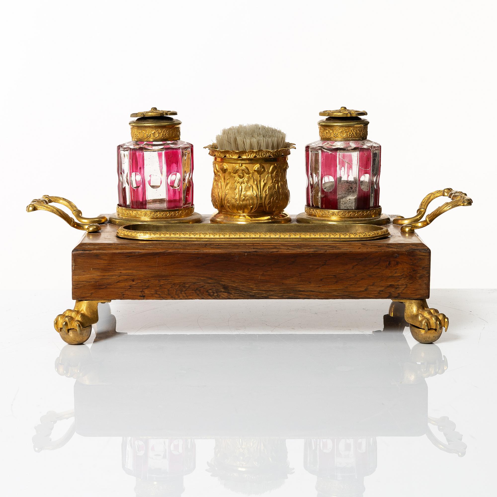 A French late Empire ormolu and cut-glass writing stand, ca 1830.