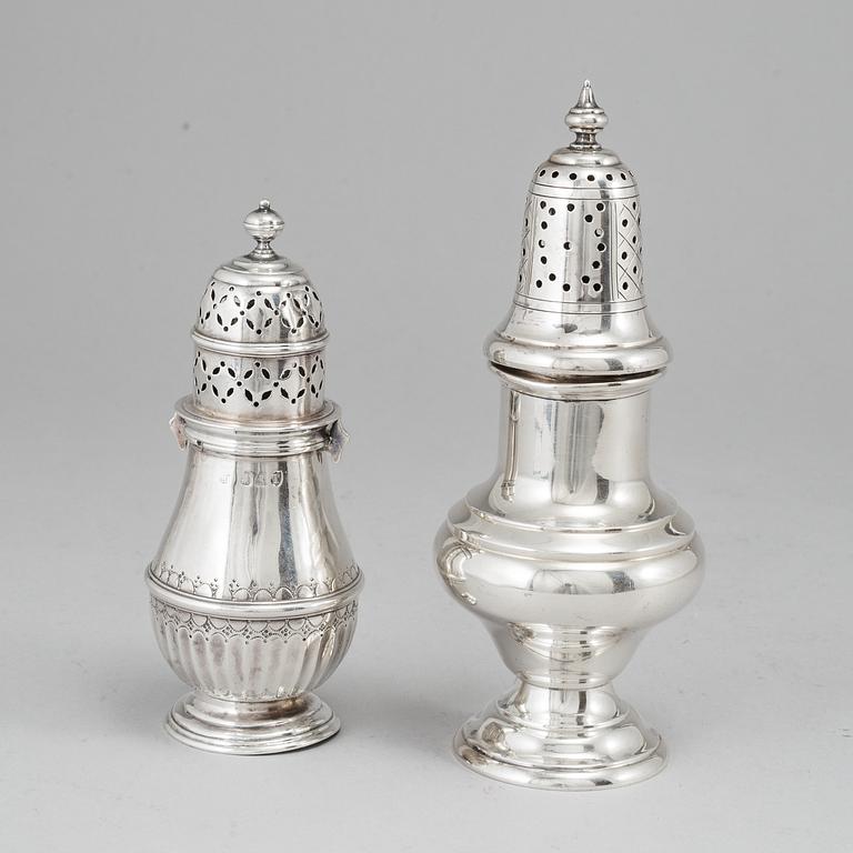 Two silver sugar casters and a silver bowl. Late 19th and 20th century.