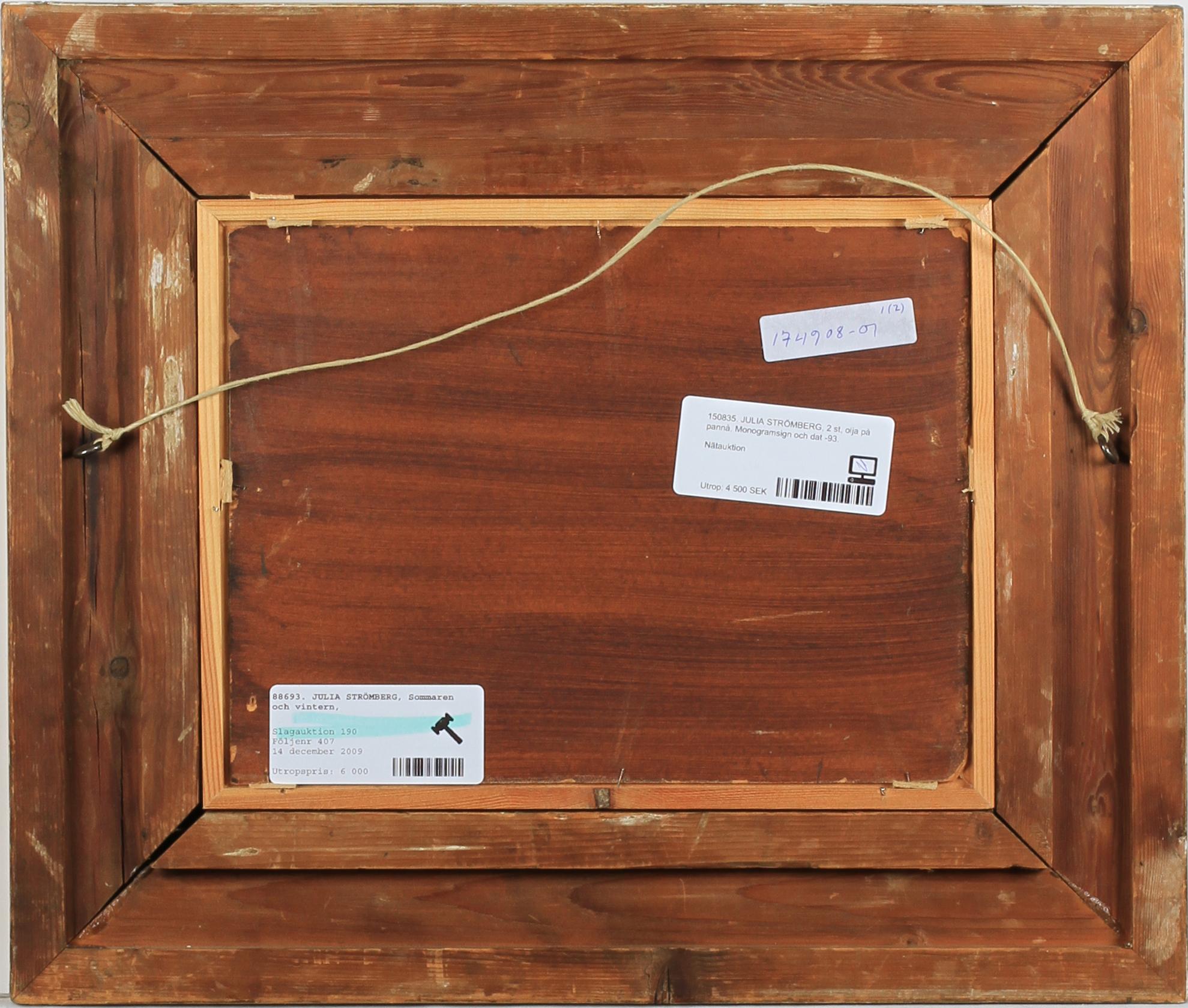 JULIA STRÖMBERG, olja på pannå, 2 st. Monogramsign och dat -93.