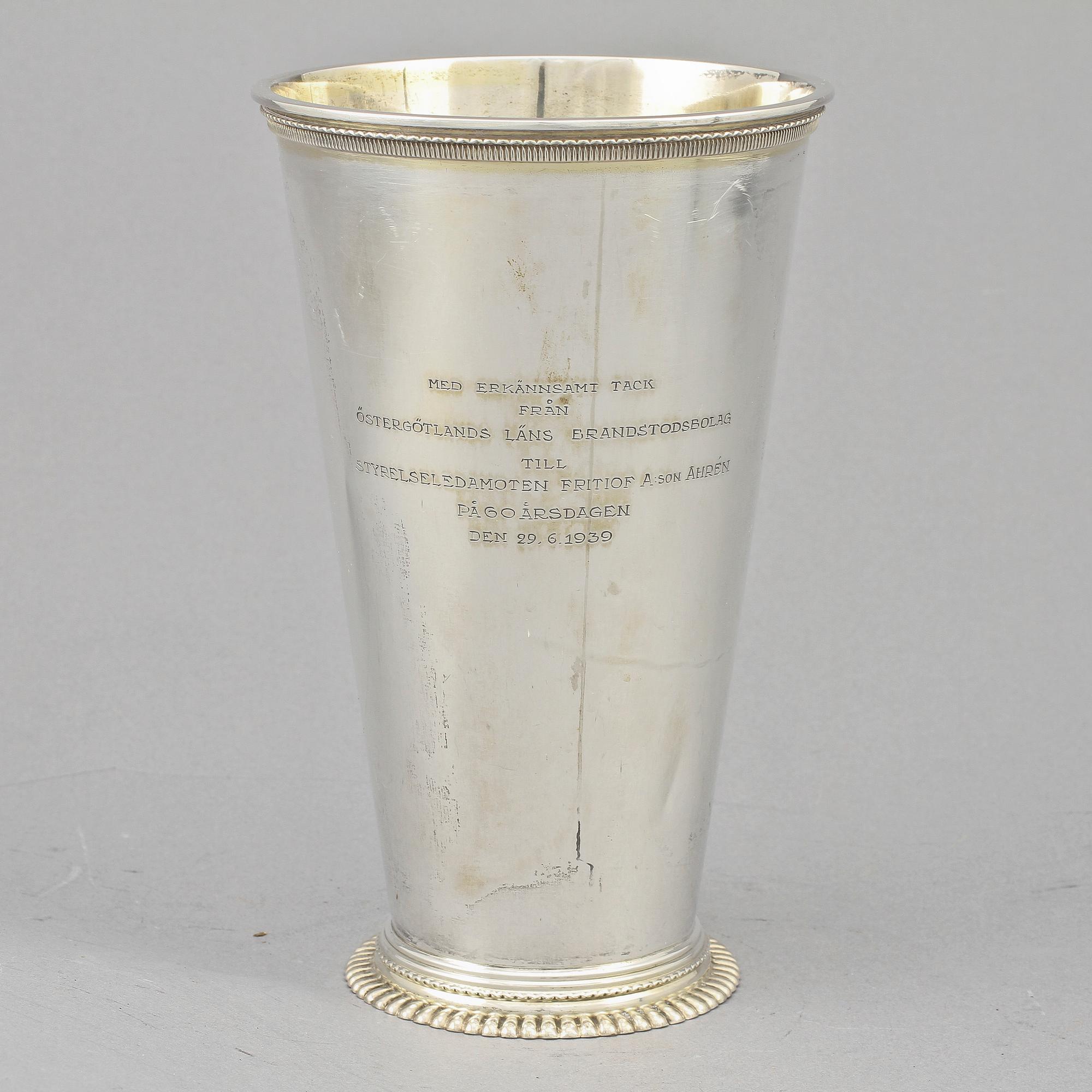 POKAL, silver, Carl Gustaf Hallberg, Stockholm, 1938, vikt 530 g.
