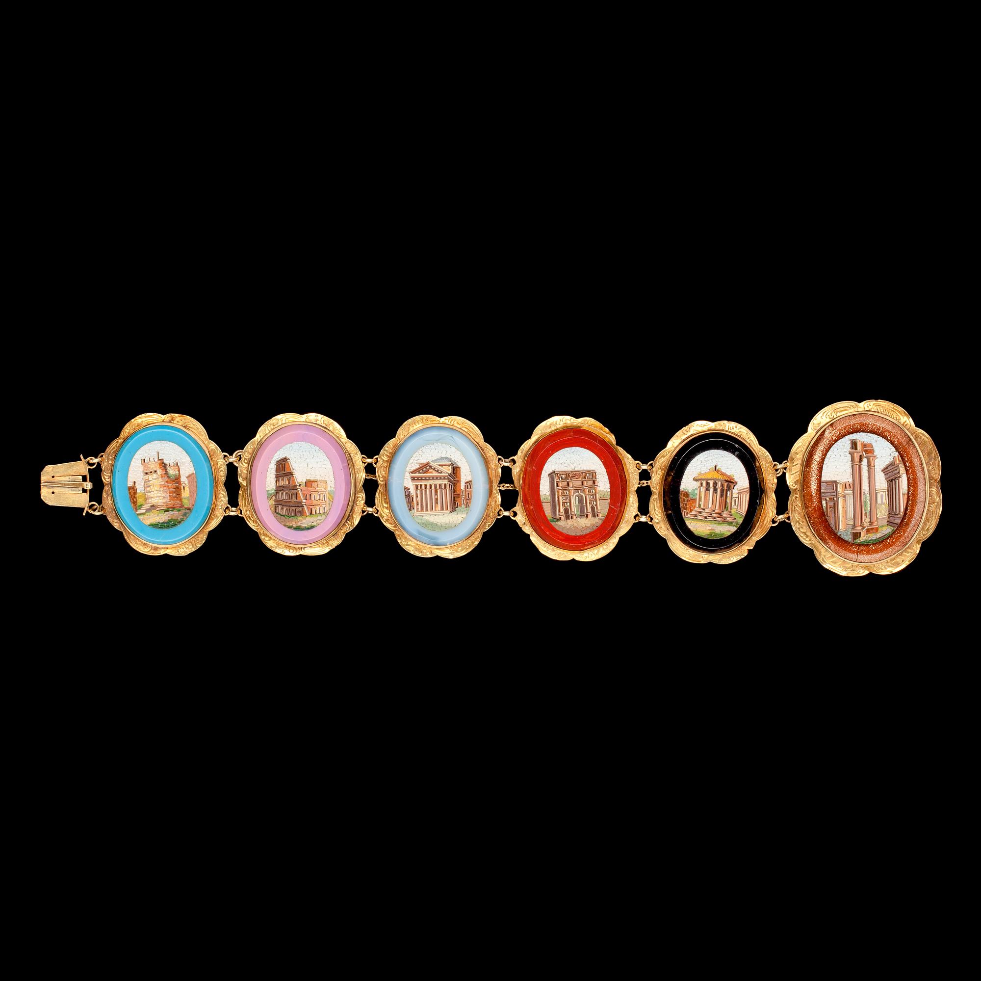 ARMBAND, mikromosaik på ovala plattor av glas med guldbård. Italien. Ca 1860-tal.