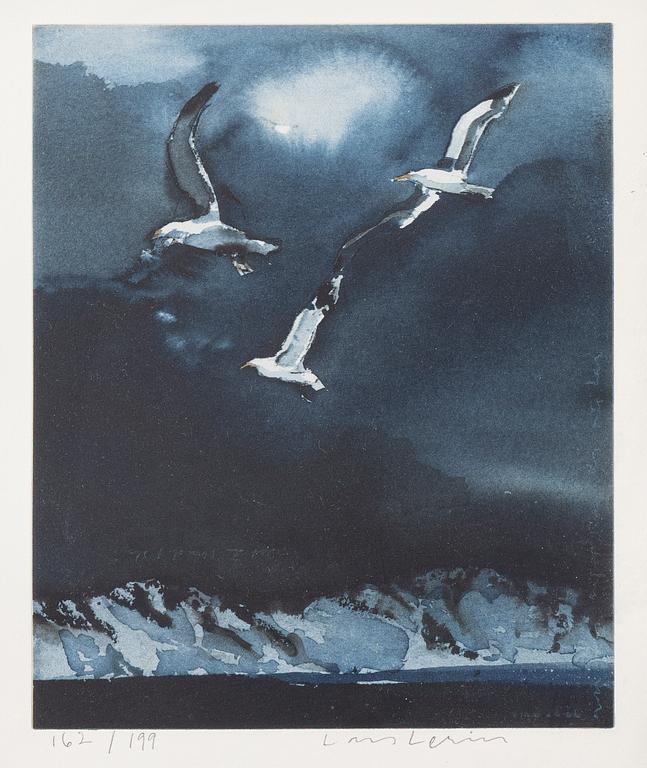 Lars Lerin, "Mellan husen-bilder från Lofoten", bibliophile edition with a colour lithograph "Tre Måsar".
