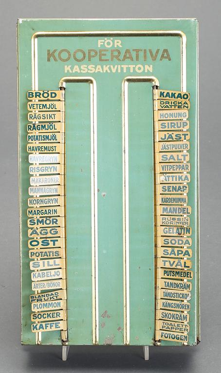 INKÖPSTAVLA TILL HUSHÅLLET, plåt, 1930/40-tal.