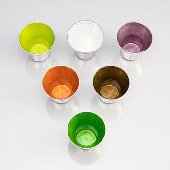 Six sterling silver and enamel beakers, design and enamelling by Barbro Littmarck, W.A. Bolin, Stockholm 1956-62.
