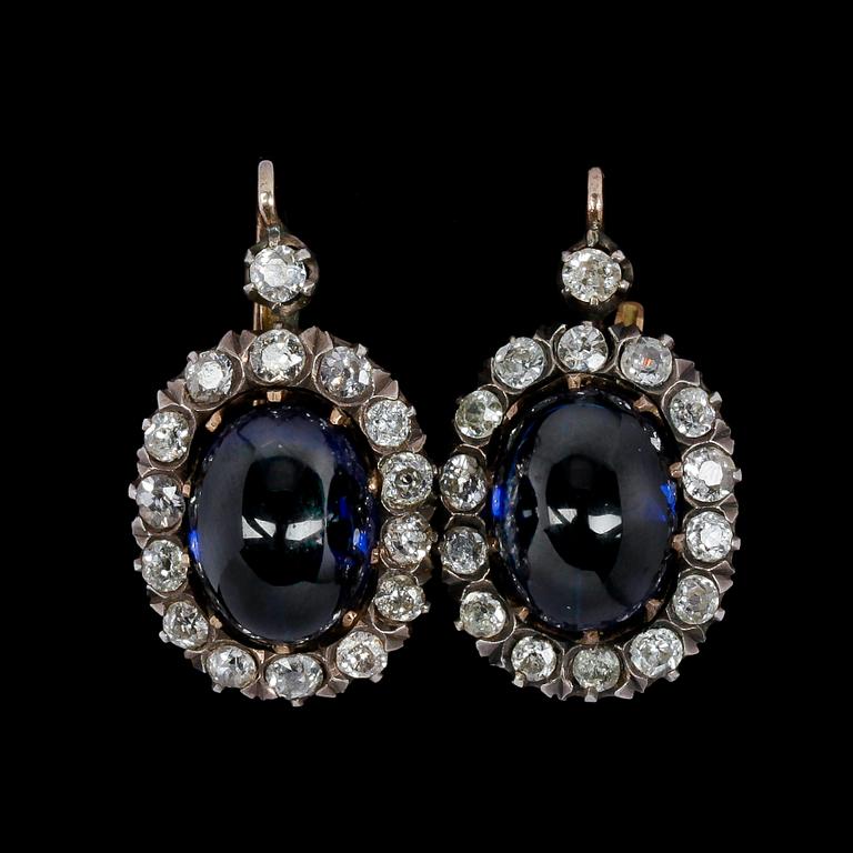 EARRINGS, antique cut diamonds, tot. app. 2.50 cts, set with blue glass stones.