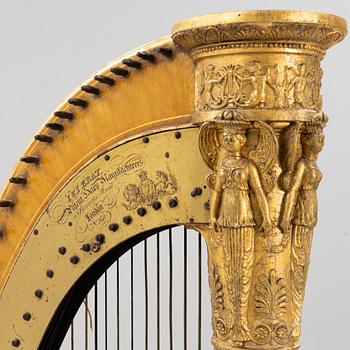 A pedal harp by Jacob & James Erat, London, No 1610, probably made between 1825-1830.