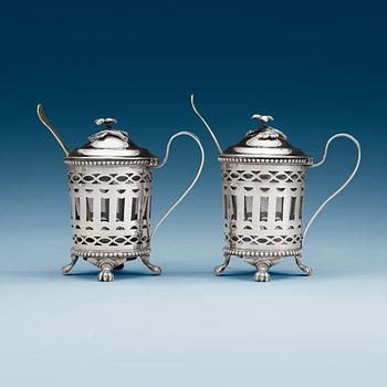 919. A pair of Swedish 18th century silver mustard-pots and spoons, makers mark of Simson Ryberg, Stockholm 1794.