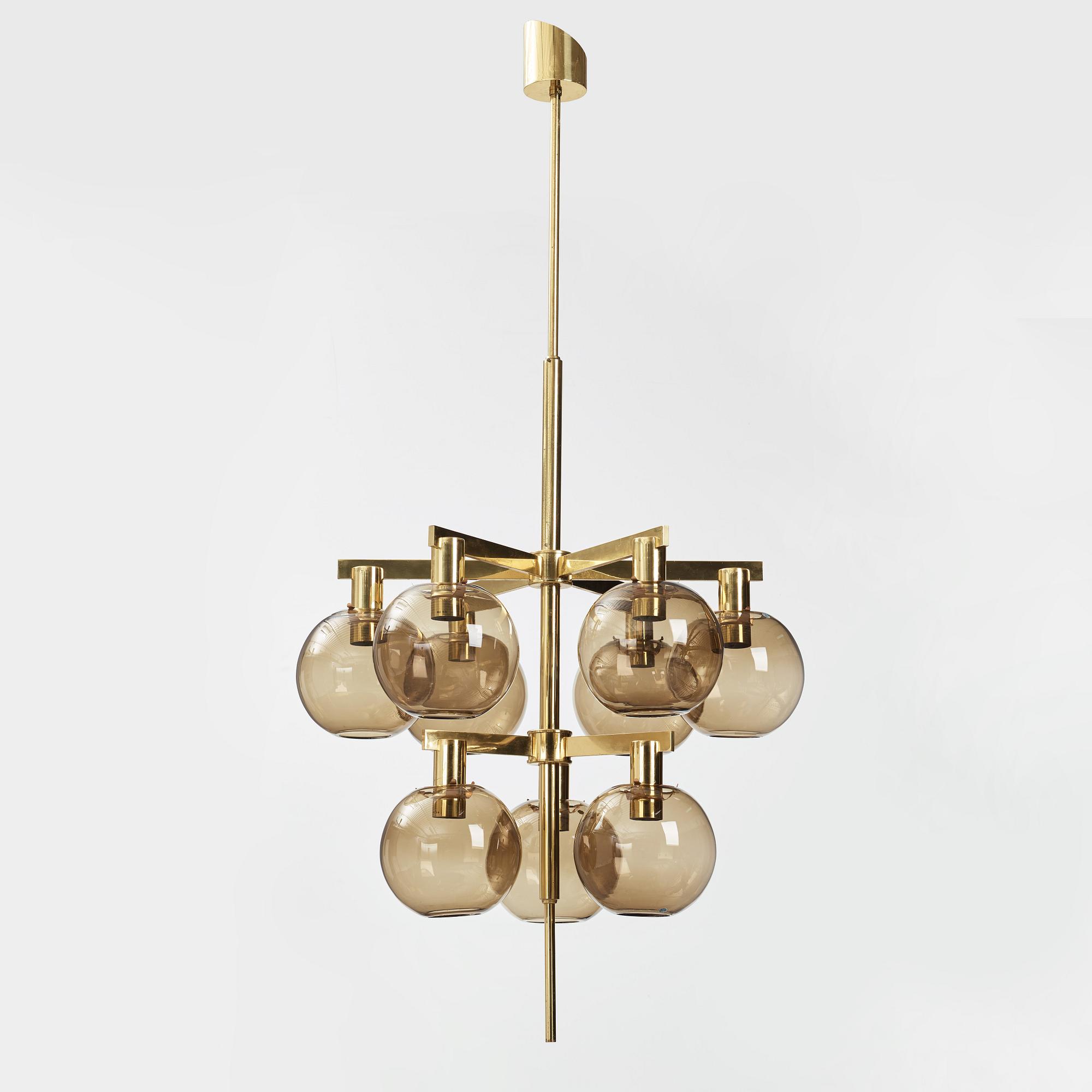 HANS-AGNE JAKOBSSON, a brass and glass nine-light ceiling light from Markaryd, second half of the 20th century.