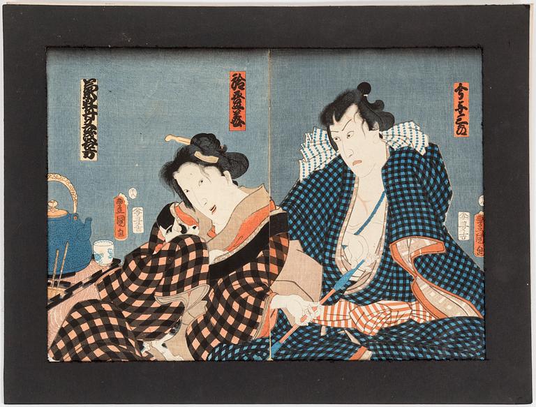 UTAGAWA KUNISADA, även kallad Toyokuni III (1786-1864). färgträsnitt, diptyk. Japan.