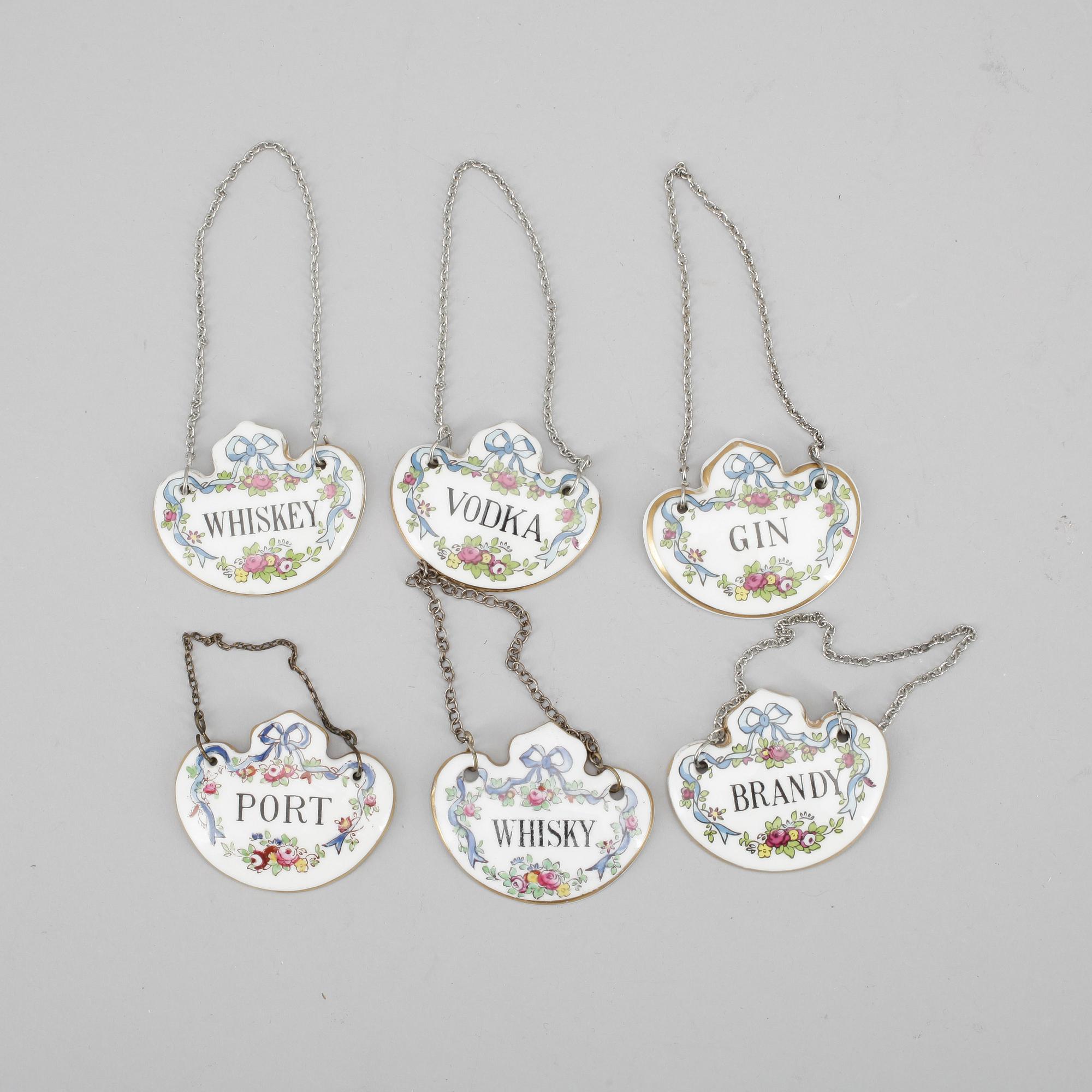 FLASKPLAKETTER, 6st, porslin, Staffordshire, 1900-talets andra hälft.