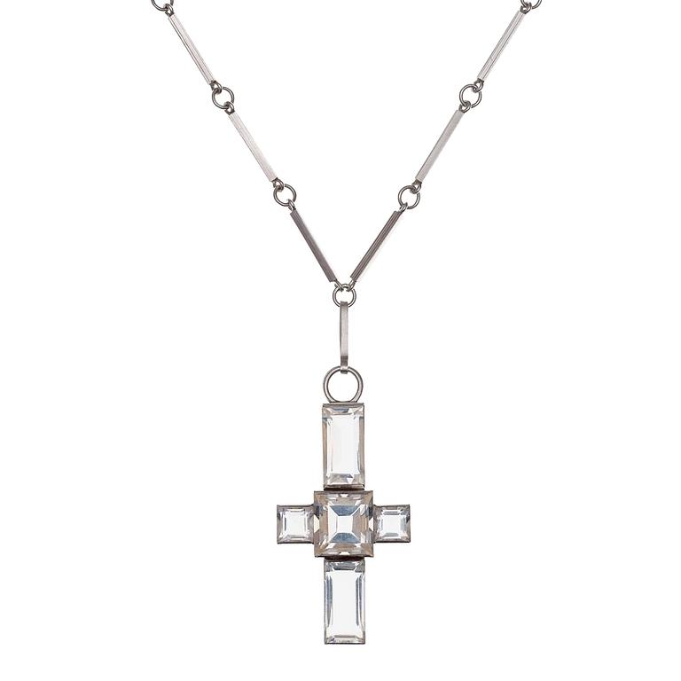 A Wiwen Nilsson sterling and rock crystal pendant with chain, Lund 1941.