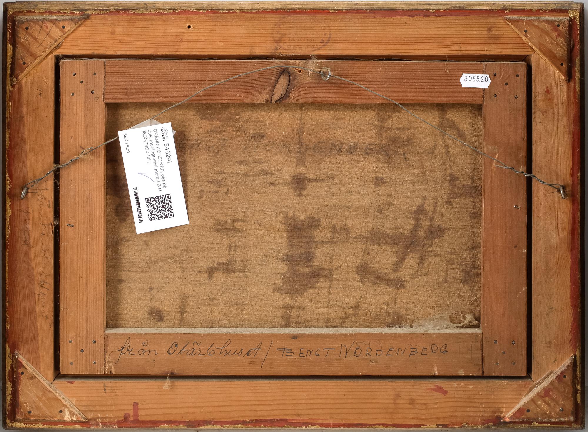 OKÄND KONSTNÄR, olja på duk, moniogramsignerad B N. 1800/1900-tal ,