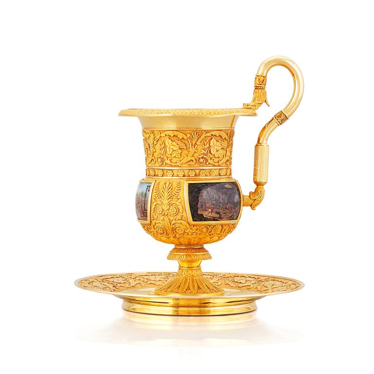 Paradkopp med fat, "The Demidoff cup", guld och emalj, Gabriel-Raoul Morel, Paris, daterad 1824.