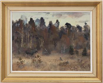 Lindorm Liljefors, Älg, kalv och hund på myr.