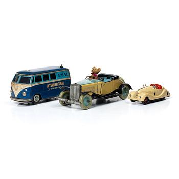 Tin toys, 3 cars, Gakken Toy, Chad Valley & Schuco.