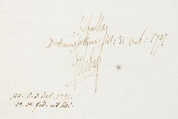 Autograf, Kung Gustav III, Drottningholms slott, 31 oct, 1791. Proveniens: Prof. Torsten Eklund.