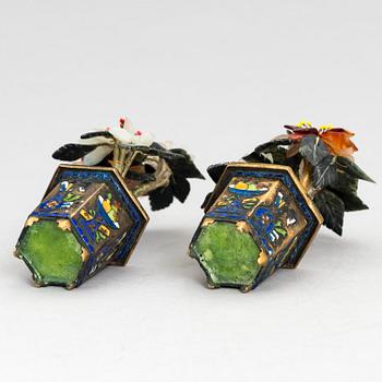 A pair of Chinese cloisonné flower pots with stone flowers, 20th Century.