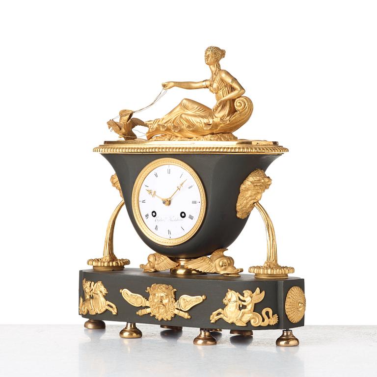 A Empire early 19th century mantel clock by Hedström in Stockholm (Ephraim H master in Stockholm 1808-1818).