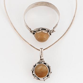 Bangle and pendant silver with cabochon cut rutile quartz, Klintz, necklace Alton.