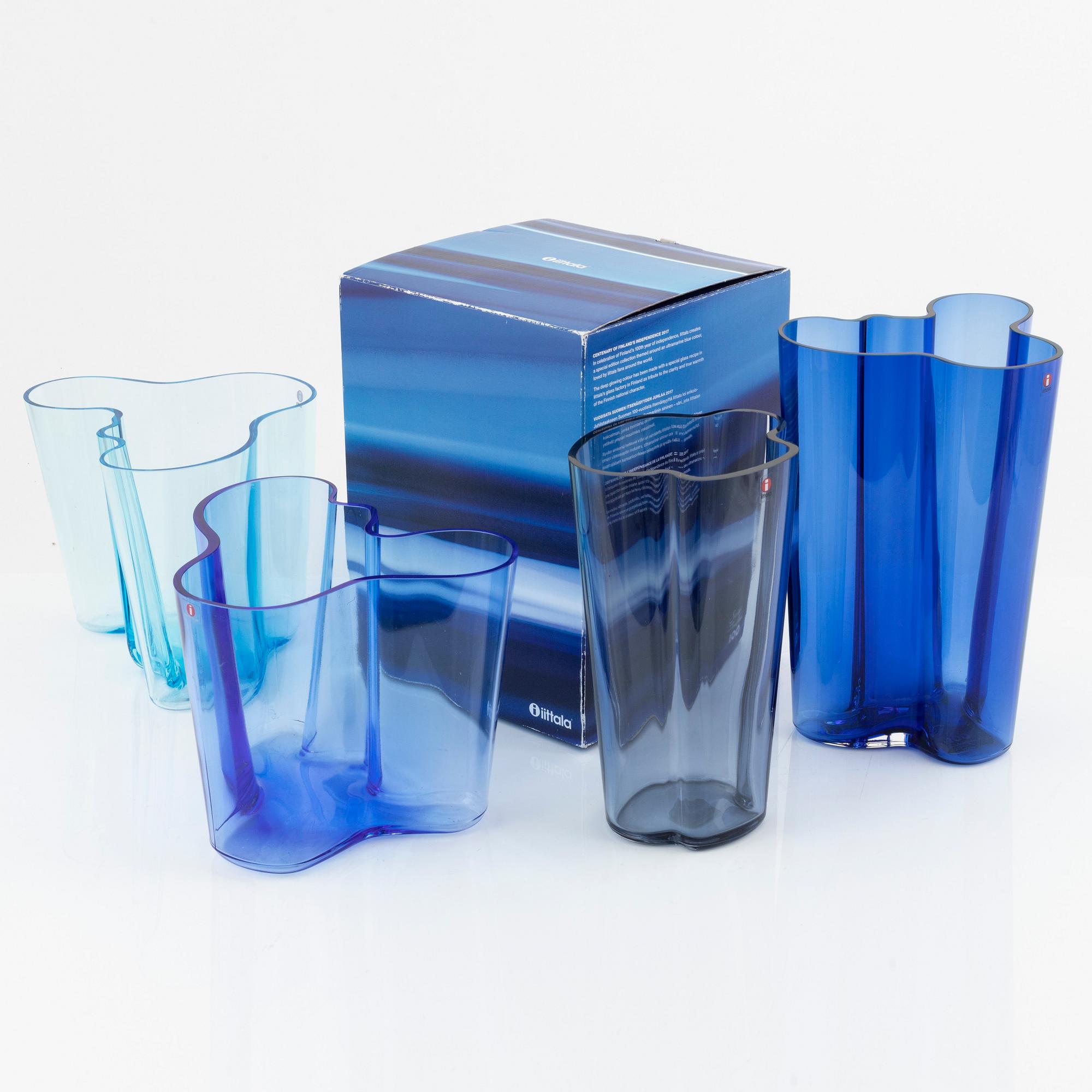 Alvar Aalto, four glass vases, Iittala, Finland.