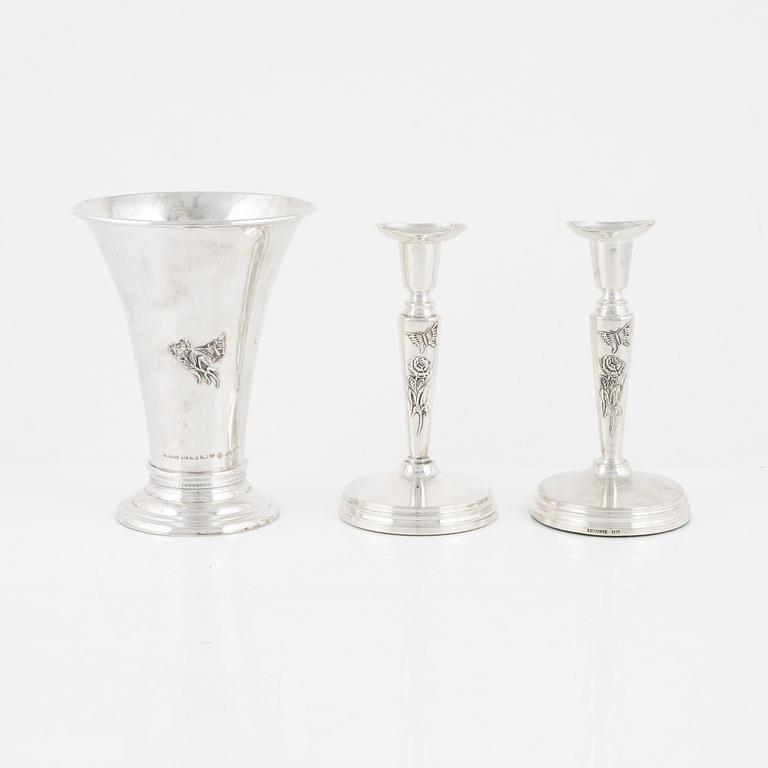 A vase and a pair of silver candlesticks by Meya Lerible for Mema, 1990's/2000's.