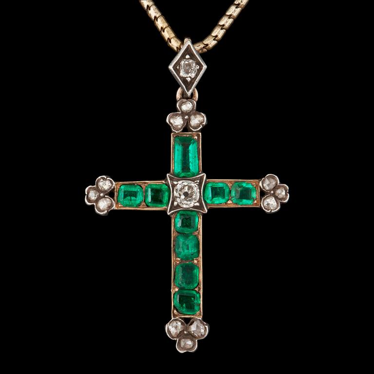 An emerald and old-cut diamond necklace.