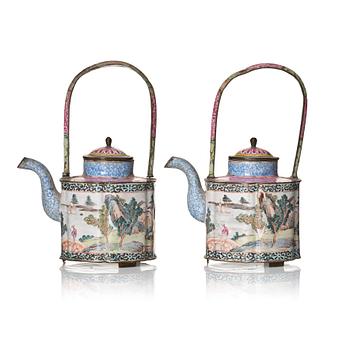 1016. A Chinese pair of enamel on copper tea pots, Qing dynasty, Qianlong (1736-95).